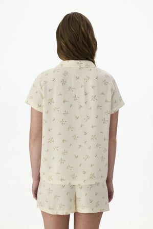 Ekru Blossom Çiçekli Kısa Kollu Gömlek Şort Pijama Takımı