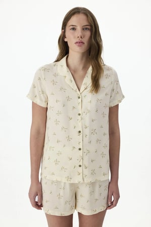 Ekru Blossom Çiçekli Kısa Kollu Gömlek Şort Pijama Takımı