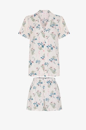Kırık Beyaz Petal Mist Çiçekli Kısa Kollu Gömlek Şort Pijama Takımı