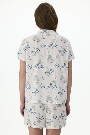 Kırık Beyaz Petal Mist Çiçekli Kısa Kollu Gömlek Şort Pijama Takımı