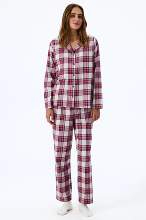 Bordo Leila Ekoseli Uzun Kollu Gömlek Pantolon Pijama Takımı