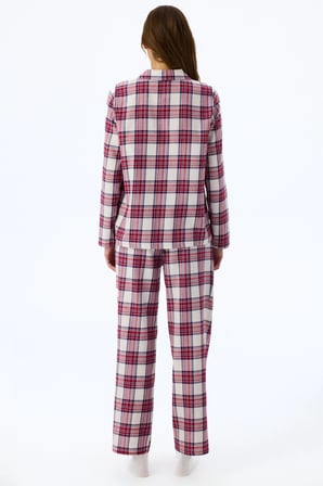 Bordo Leila Ekoseli Uzun Kollu Gömlek Pantolon Pijama Takımı