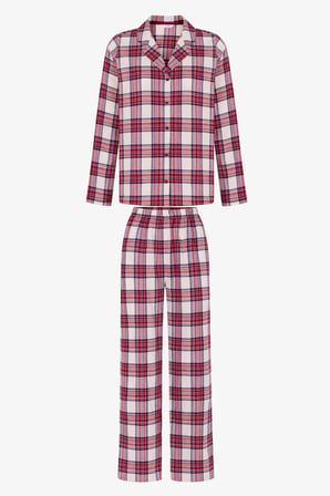 Bordo Leila Ekoseli Uzun Kollu Gömlek Pantolon Pijama Takımı