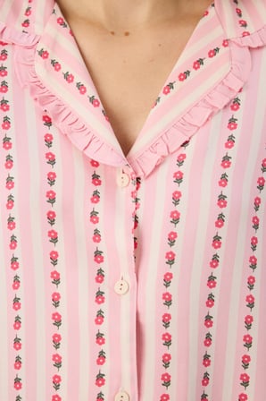 Açık Pembe Chloe Çiçekli Fırfırlı Uzun Kollu Gömlek Pantolon Pijama Takımı