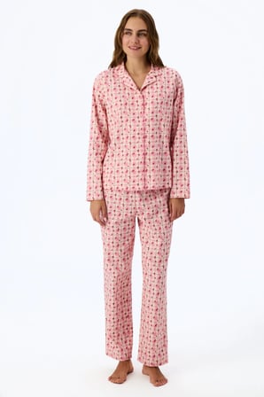 Açık Pembe Floral Garden Ekoseli Uzun Kollu Gömlek Pantolon Pijama Takımı