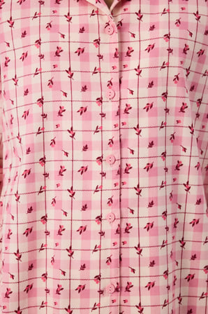 Açık Pembe Floral Garden Ekoseli Uzun Kollu Gömlek Pantolon Pijama Takımı