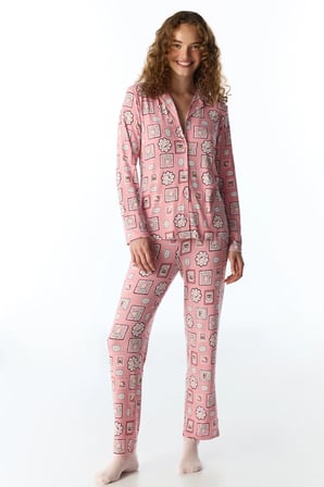 Pembe Postcard Fitilli Uzun Kollu Gömlek Pantolon Pijama Takımı