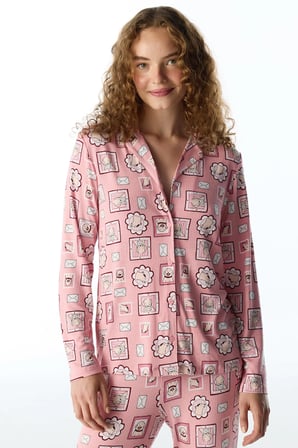 Pembe Postcard Fitilli Uzun Kollu Gömlek Pantolon Pijama Takımı