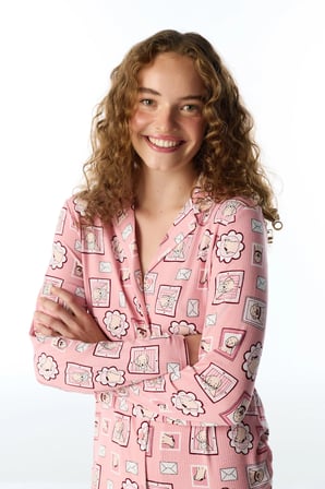 Pembe Postcard Fitilli Uzun Kollu Gömlek Pantolon Pijama Takımı