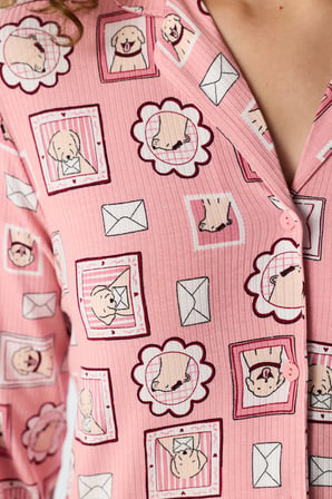 Pembe Postcard Fitilli Uzun Kollu Gömlek Pantolon Pijama Takımı