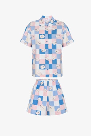 Cuteness Dama Desenli Kısa Kollu Gömlek Şort Pijama Takımı