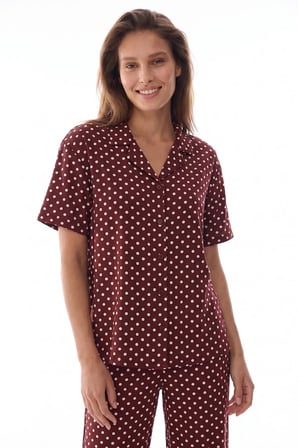 Kahverengi Puantiyeli Kısa Kollu Gömlek Pantolon Pijama Takımı
