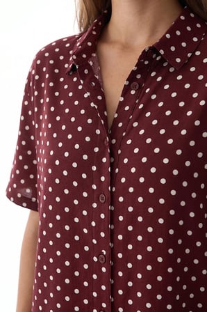 Kahverengi Puantiyeli Kısa Kollu Gömlek Pantolon Pijama Takımı