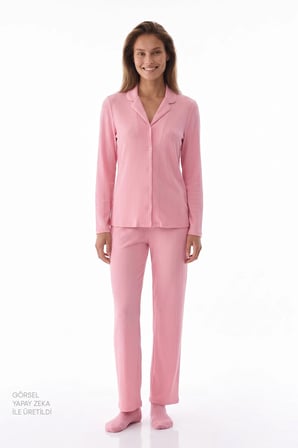 Pembe Countryside Fitilli Uzun Kollu Gömlek Pantolon Pijama Takımı