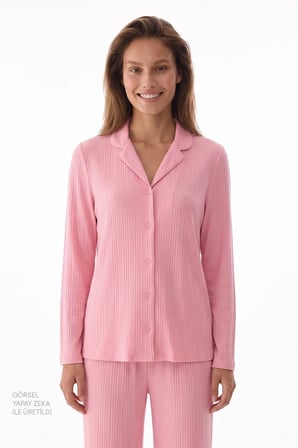 Pembe Countryside Fitilli Uzun Kollu Gömlek Pantolon Pijama Takımı