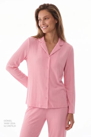 Pembe Countryside Fitilli Uzun Kollu Gömlek Pantolon Pijama Takımı