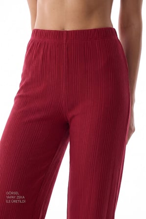 Bordo Lana Fitilli Uzun Kollu Gömlek Pantolon Pijama Takımı