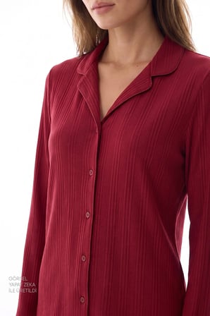Bordo Lana Fitilli Uzun Kollu Gömlek Pantolon Pijama Takımı