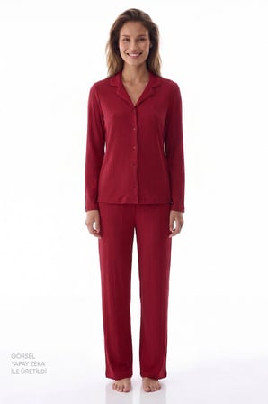 Bordo Lana Fitilli Uzun Kollu Gömlek Pantolon Pijama Takımı