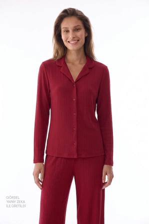 Bordo Lana Fitilli Uzun Kollu Gömlek Pantolon Pijama Takımı