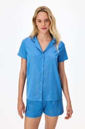 Mavi Skyline Saten Kısa Kollu Gömlek Şort Pijama Takımı