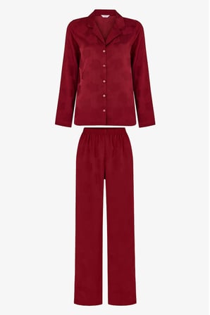Bordo Orquidea Saten Çiçekli Uzun Kollu Gömlek Pantolon Pijama Takımı