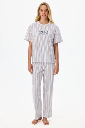 Vacation Çizgili Kısa Kollu Pantolon Pijama Takımı