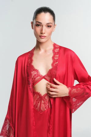 Tango Kırmızı Henna Dantelli 3/4 Kollu Sabahlık