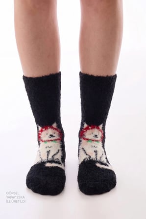 Gri Happy Cat Kedi Desenli Soket Çorap