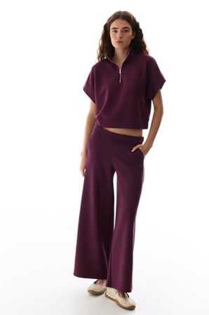 Bordo İpeksi Dokunuş Silky Touch Kısa Kollu Fermuarlı Kısa Kollu Bluz