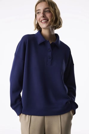 Mavi Modal Polo Yaka Düğmeli Sweatshirt