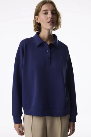 Mavi Modal Polo Yaka Düğmeli Sweatshirt