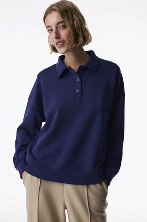 Mavi Modal Polo Yaka Düğmeli Sweatshirt