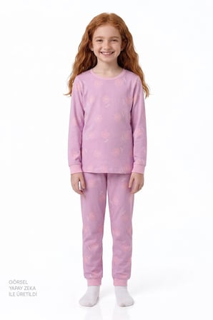 Kız Çocuk Pembe Love&peace Pamuklu Uzun Kollu 2'li Pijama Takımı