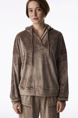 Bej Soft Kadife V Yaka Uzun Kollu Sweatshirt