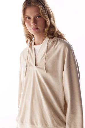 Bej Soft Kadife V Yaka Uzun Kollu Sweatshirt