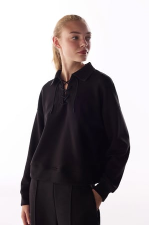 Siyah İpeksi Dokunuş Silky Touch Bağcıklı Uzun Kollu Sweatshirt