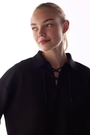 Siyah İpeksi Dokunuş Silky Touch Bağcıklı Uzun Kollu Sweatshirt