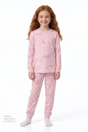 Kız Çocuk Pembe Fly Repeat Pamuklu Uzun Kollu Pijama Takımı