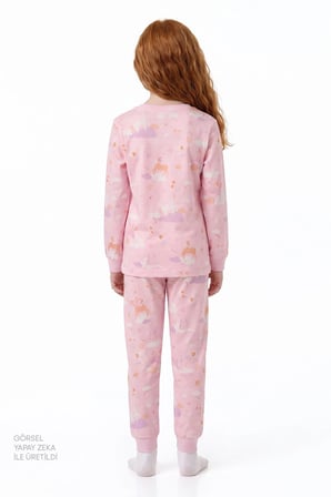 Kız Çocuk Pembe Fly Repeat Pamuklu Uzun Kollu Pijama Takımı