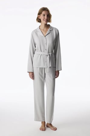 Gri Gaia Saten Çizgili Uzun Kollu Gömlek Pantolon Pijama Takımı