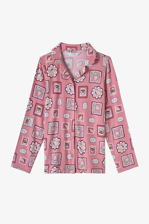 Kız Çocuk Pembe Kind Mailing Köpek Desenli Uzun Kollu Gömlek Pantolon Pijama Takımı