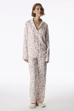 Ekru Blush Garden Çiçekli Uzun Kollu Gömlek Pantolon Pijama Takımı