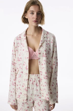 Ekru Blush Garden Çiçekli Uzun Kollu Gömlek Pantolon Pijama Takımı