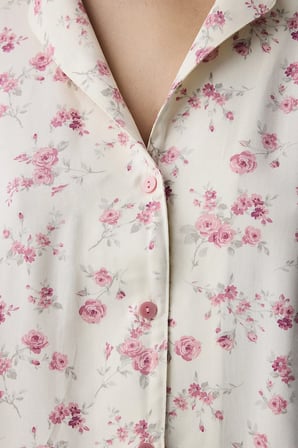Ekru Blush Garden Çiçekli Uzun Kollu Gömlek Pantolon Pijama Takımı