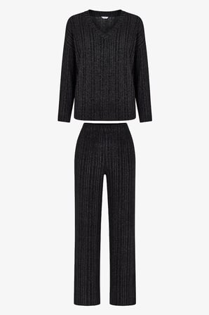 Siyah Cozy Night Uzun Kollu Pantolon Pijama Takımı