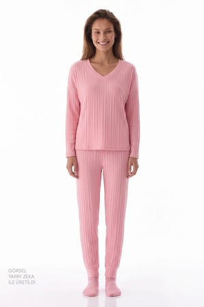 Pembe Cozy Pink Uzun Kollu Pantolon Pijama Takımı