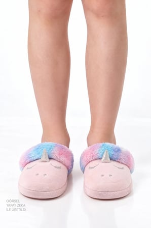 Kız Çocuk Pembe Puffy Unicorn Dokulu Terlik