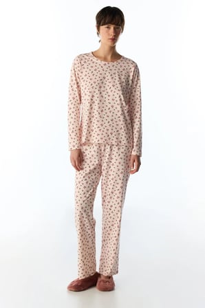 Açık Pembe Petal Çiçekli Uzun Kollu Pantolon Pijama Takımı