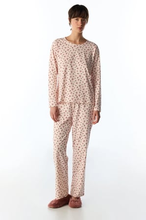 Açık Pembe Petal Çiçekli Uzun Kollu Pantolon Pijama Takımı